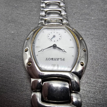 Playboy Watch Men 29mm White Dial Silver Tone Oval New battery MISSING CLASP!!!4