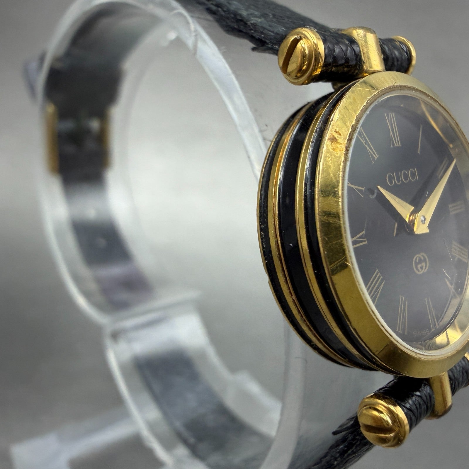 Gucci 2000L Watch Women 22mm Black Dial Gold Plated Round New Battery VTG PRWQ3