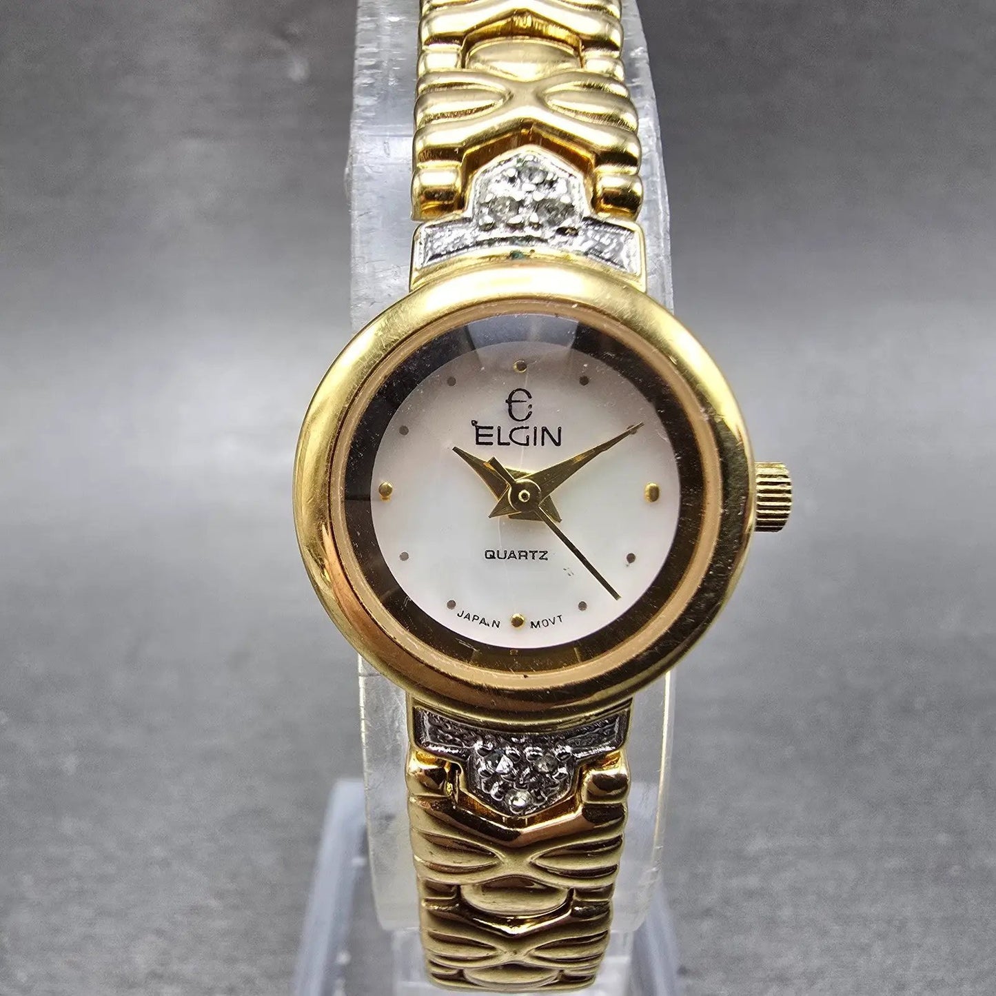 Elgin Watch Women 19mm MOP Dial Gold Tone Round EL764-017 New Battery0