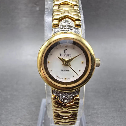 Elgin Watch Women 19mm MOP Dial Gold Tone Round EL764-017 New Battery0