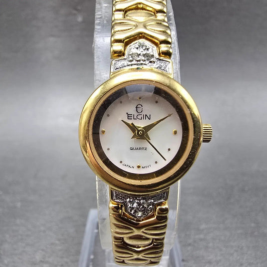 Elgin Watch Women 19mm MOP Dial Gold Tone Round EL764-017 New Battery0
