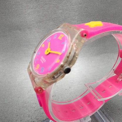 Swatch Candy Pleasure Watch Women 25mm Pink Dial Clear Case Round New Battery1
