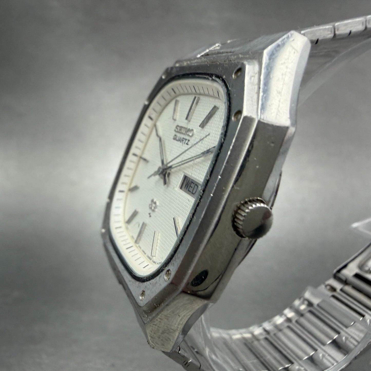 Seiko SQ Watch Men 35mm White Dial Silver Tone Daydate Octagon 7123-5359 New Bat2