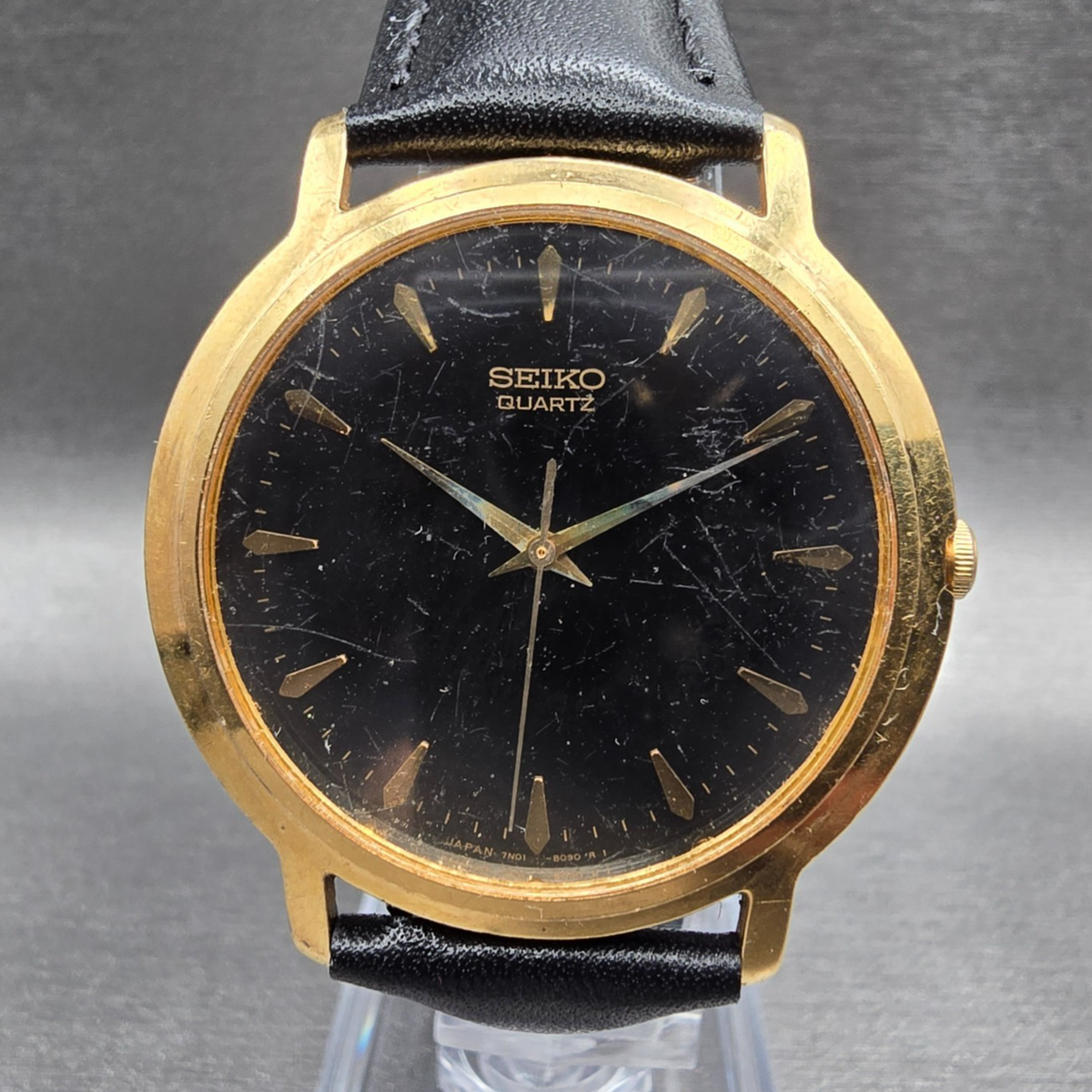 Seiko Watch Men 36mm Black Dial Gold Tone Round 7N01-8040 New Battery Vintage0
