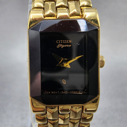 Citizen Elegance CQ Tank Watch Women 14mm Black Dial Gold Tone New Battery1