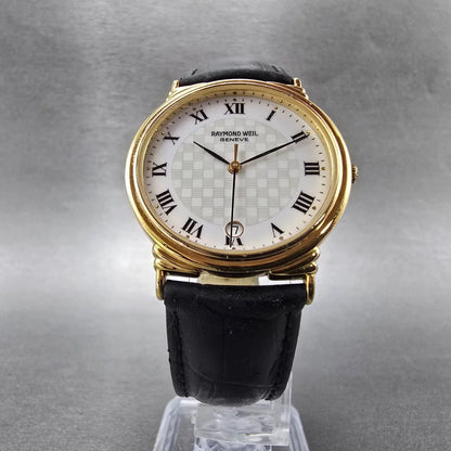 Raymond Weil Watch Men 32mm White Dial Gold Tone Date Round 5531 New Battery5