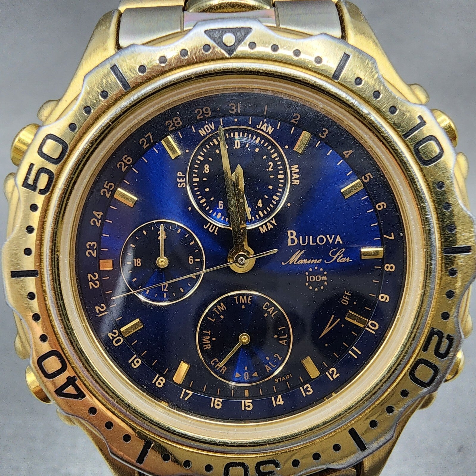 Bulova Marine Star Watch Men 38mm Blue Dial Gold Tone Chronograph 97A41 PARTS2