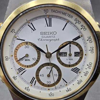 Seiko Chronograph Watch Men 37mm White Dial Two Tone Daydate 7A38-7289 PARTS2