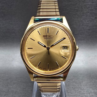 Seiko Watch Men 35mm Gold Dial Gold Tone Date Round 7N42-8A39 New Battery0