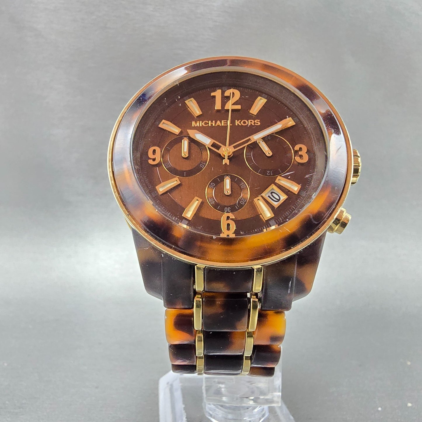 Michael Kors Chronograph Watch Women 43mm Brown Dial Brown Tone MK-5805 New Batt6