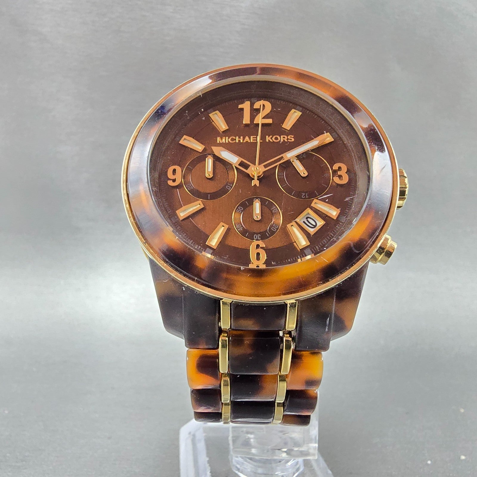 Michael Kors Chronograph Watch Women 43mm Brown Dial Brown Tone MK-5805 New Batt6