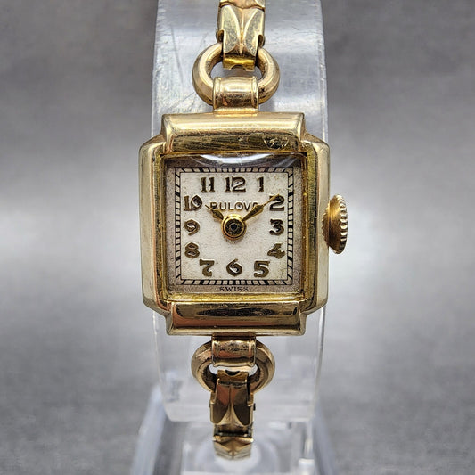 Bulova Cocktail Watch Women 14mm Cream Dial 10K Gold Filled Rectangle Manual Win0