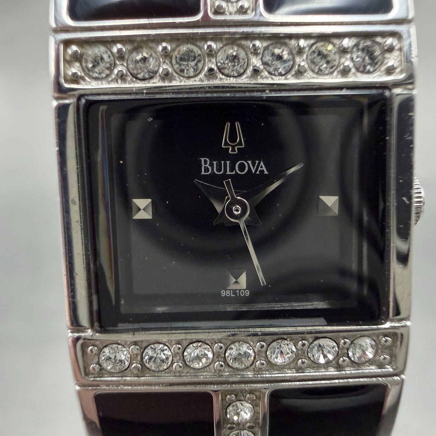 Bulova Tank Watch Women 17mm Black Dial Black & Silver Tone 98L109 New Battery1