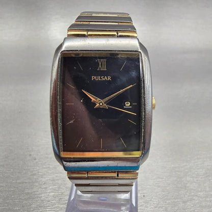 Pulsar Watch Men 26mm Black Dial Two Tone Date Rectangle VX82-0AS0 New Battery0