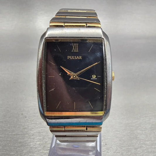 Pulsar Watch Men 26mm Black Dial Two Tone Date Rectangle VX82-0AS0 New Battery0