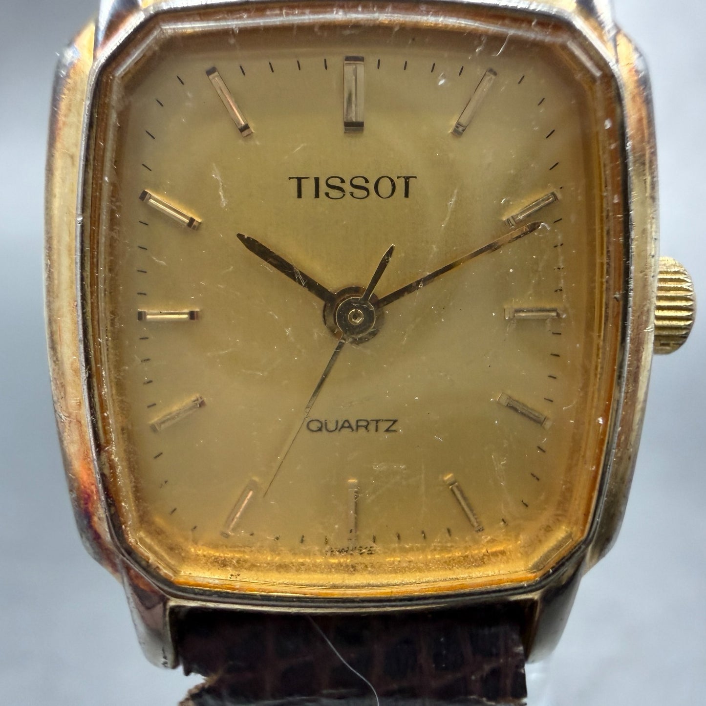 Tissot Watch Women 20mm Gold Dial Gold Tone Rectangle Leather Swiss New Battery1