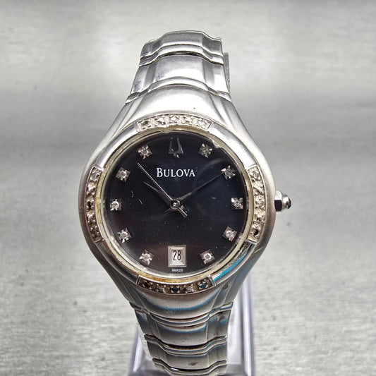 Bulova Watch Women 26mm MOP Dial Silver Tone Diamonds Date 96R20 New Battery0