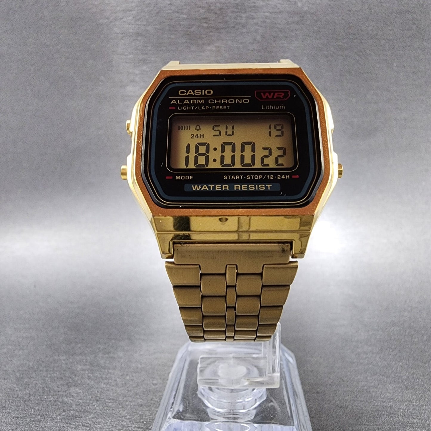 Casio A159 Watch Men 33mm Digital Gold Tone Hexagon Alarm Chrono New Battery5