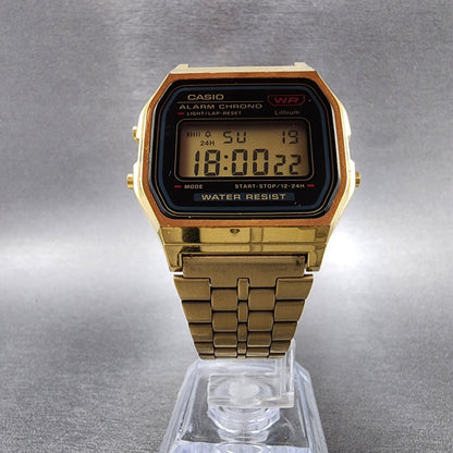 Casio A159 Watch Men 33mm Digital Gold Tone Hexagon Alarm Chrono New Battery5