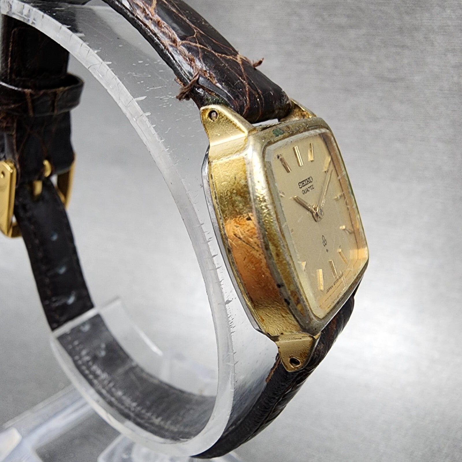 VTG Seiko Watch Women 23mm Gold Dial Gold Tone Rectangle 47205020 New Battery3
