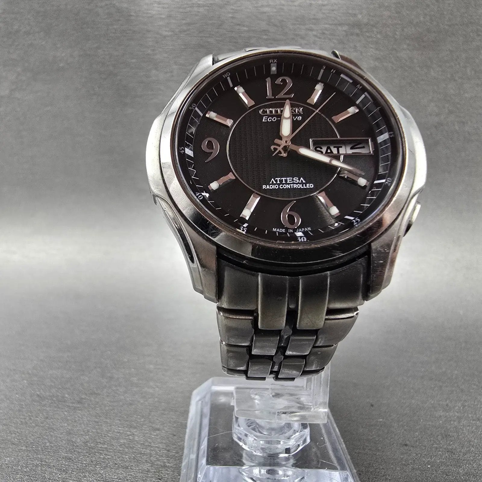 Citizen Eco-Drive Attesa Watch Men 41mm Black Dial Titanium Atomic Daydate PARTS7