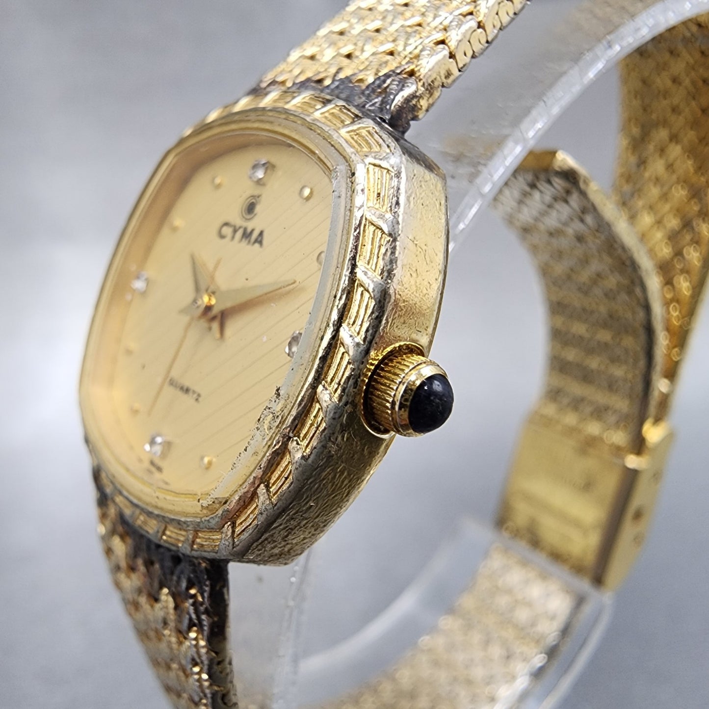 Cyma Watch Women 22mm Gold Dial Gold Tone Rectangle 616 New Battery Vintage2