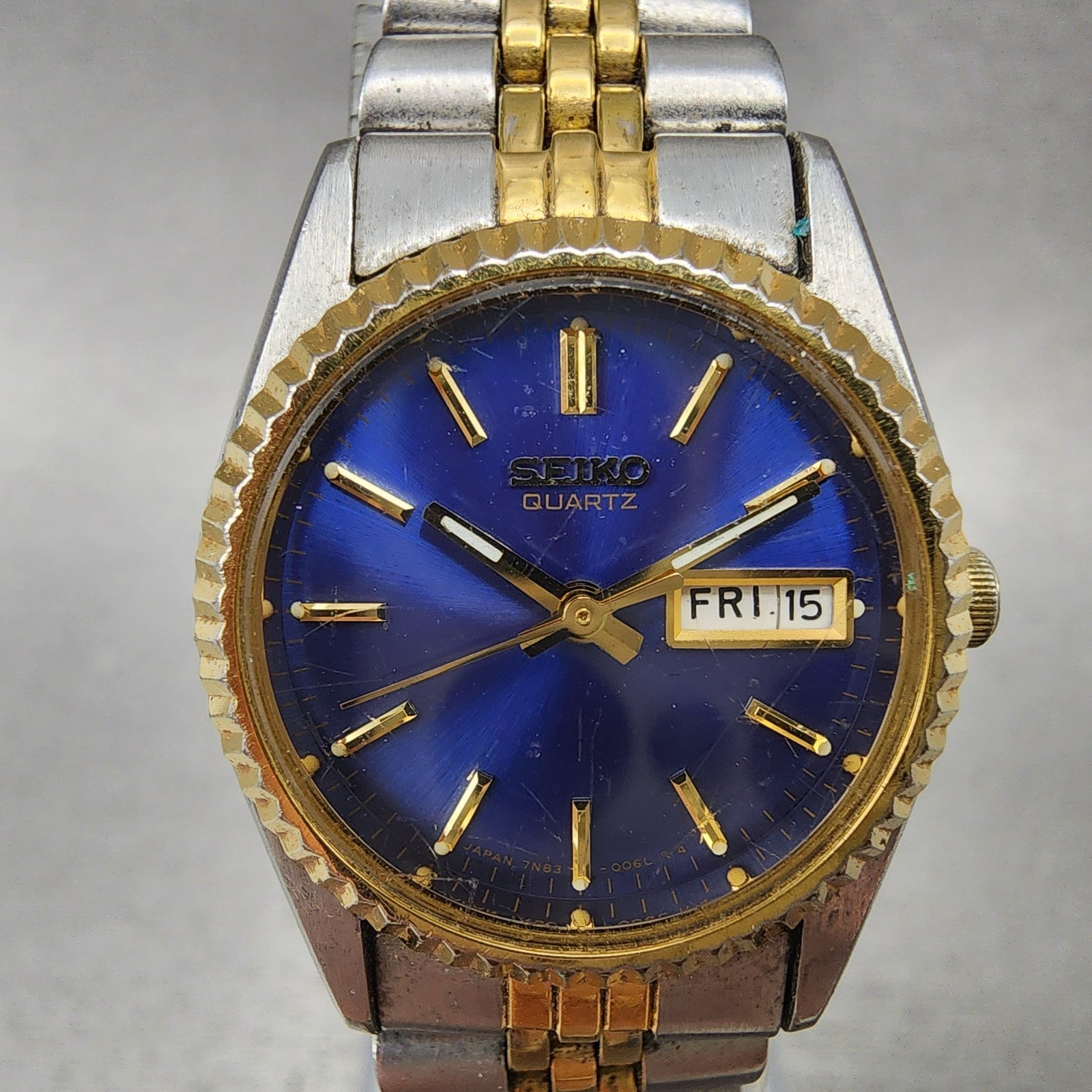 Seiko Watch Women 24mm Blue Dial Two Tone Daydate Round 7N830049 New Batt AB121