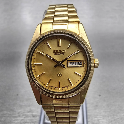 Seiko SQ Watch Women 24mm Gold Dial Gold Tone Daydate Round 3E23-0A69 New Batt0
