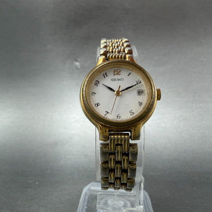 Seiko Watch Women 23mm White Dial Gold Tone Date Round 7N82-0228 New Battery 4565