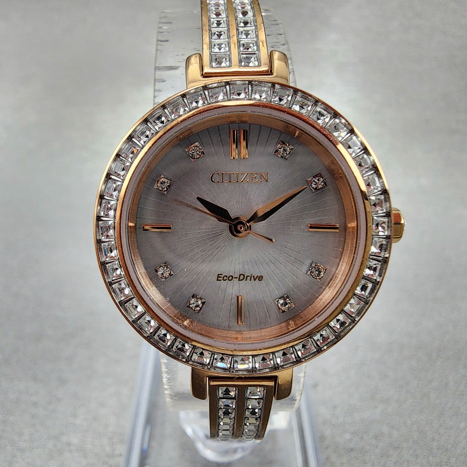 Citizen EcoDrive Silhouette Crystal Watch Women 25mm MOP Dial Rose Gold Tone BA1