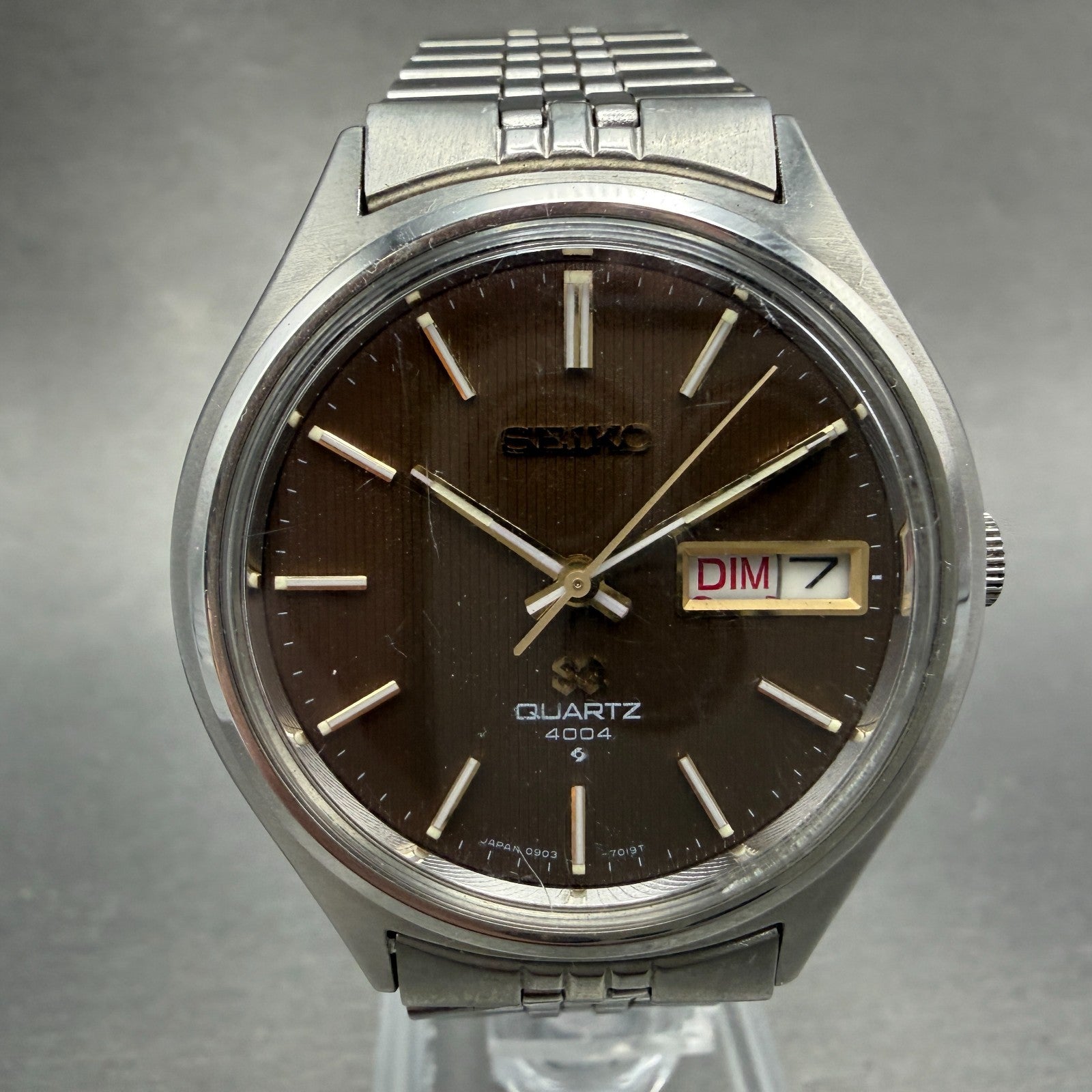 Seiko SQ Watch Men 36mm Brown Dial Silver Tone Daydate READ!! 0903-7039 New Batt0