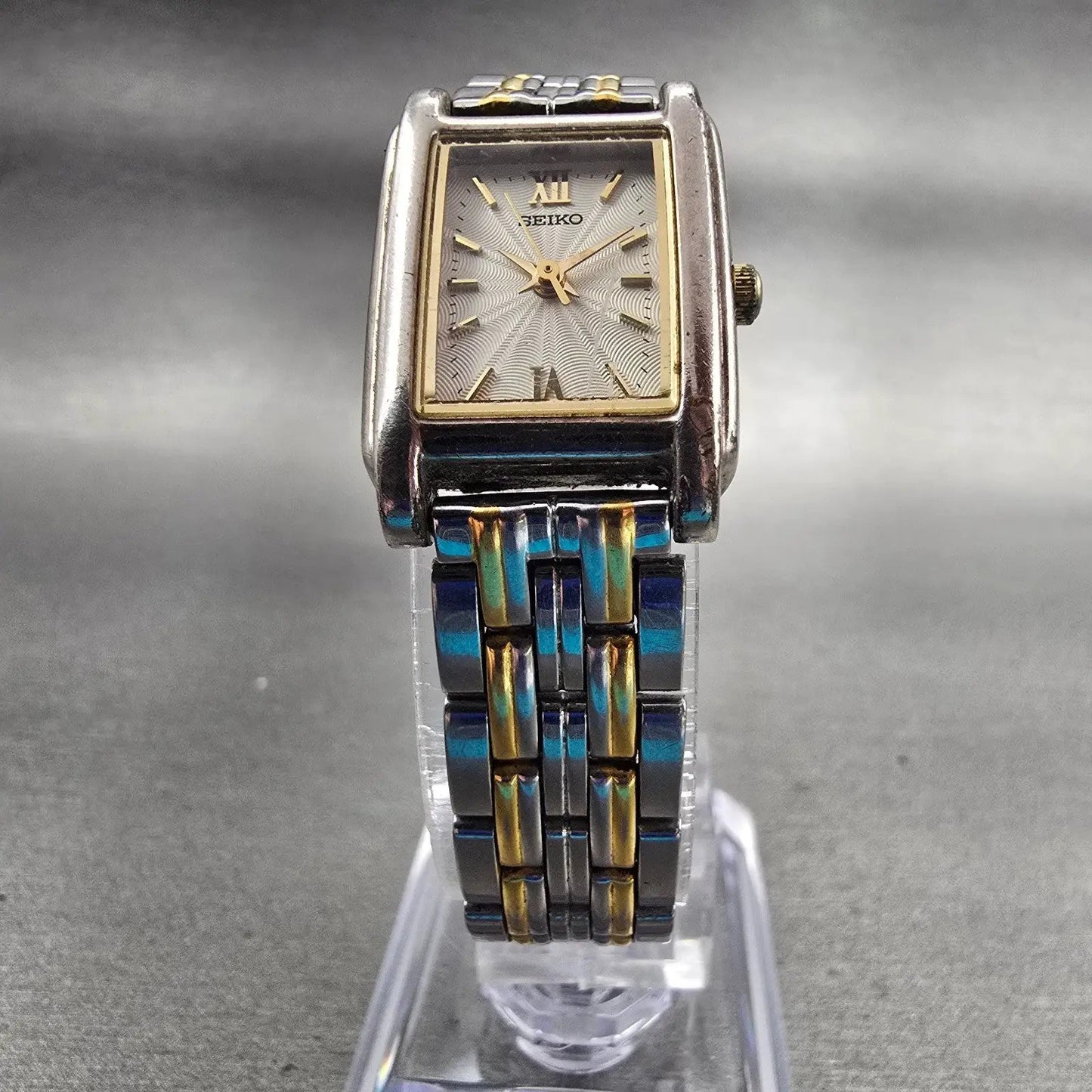 Seiko Watch Women 18mm Ivory Dial Two Tone Rectangle V401-5660 New Battery VTG5