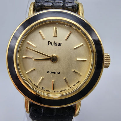 VTG Pulsar Watch Women Gold Tone Round 22mm Leather Band Y480-0540 New Battery