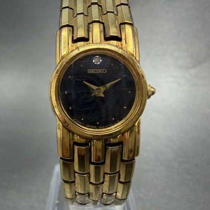Seiko Watch Women 18mm Black Dial Gold Tone Round 1N00-0029 New Battery Vintage0