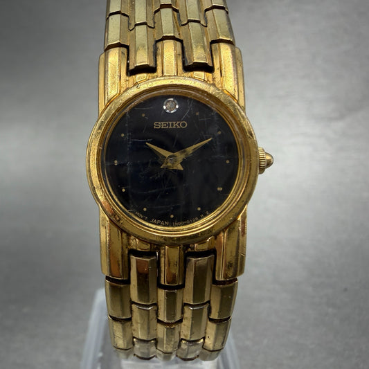 Seiko Watch Women 18mm Black Dial Gold Tone Round 1N00-0029 New Battery Vintage0