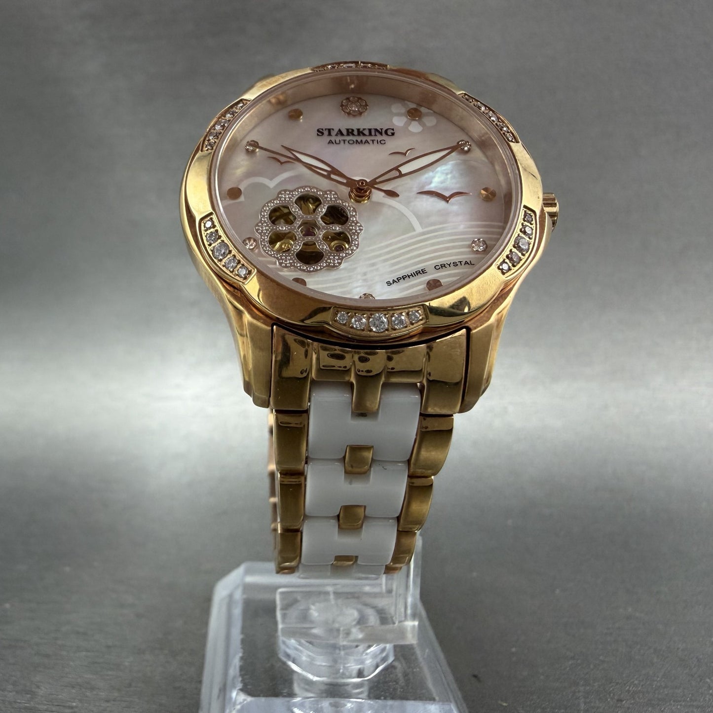 Starking Automatic Watch Women 35mm MOP Dial Rose Gold Tone Skeleton Runs5