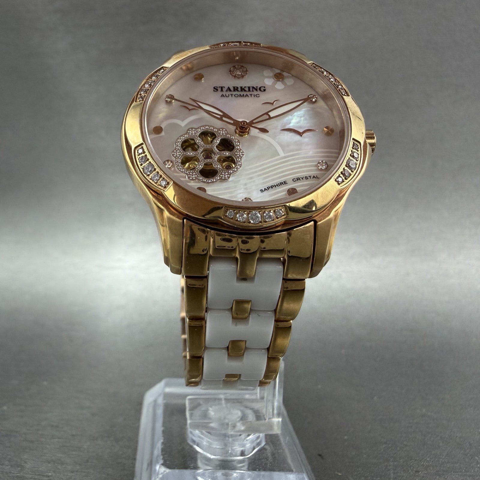 Starking Automatic Watch Women 35mm MOP Dial Rose Gold Tone Skeleton Runs5