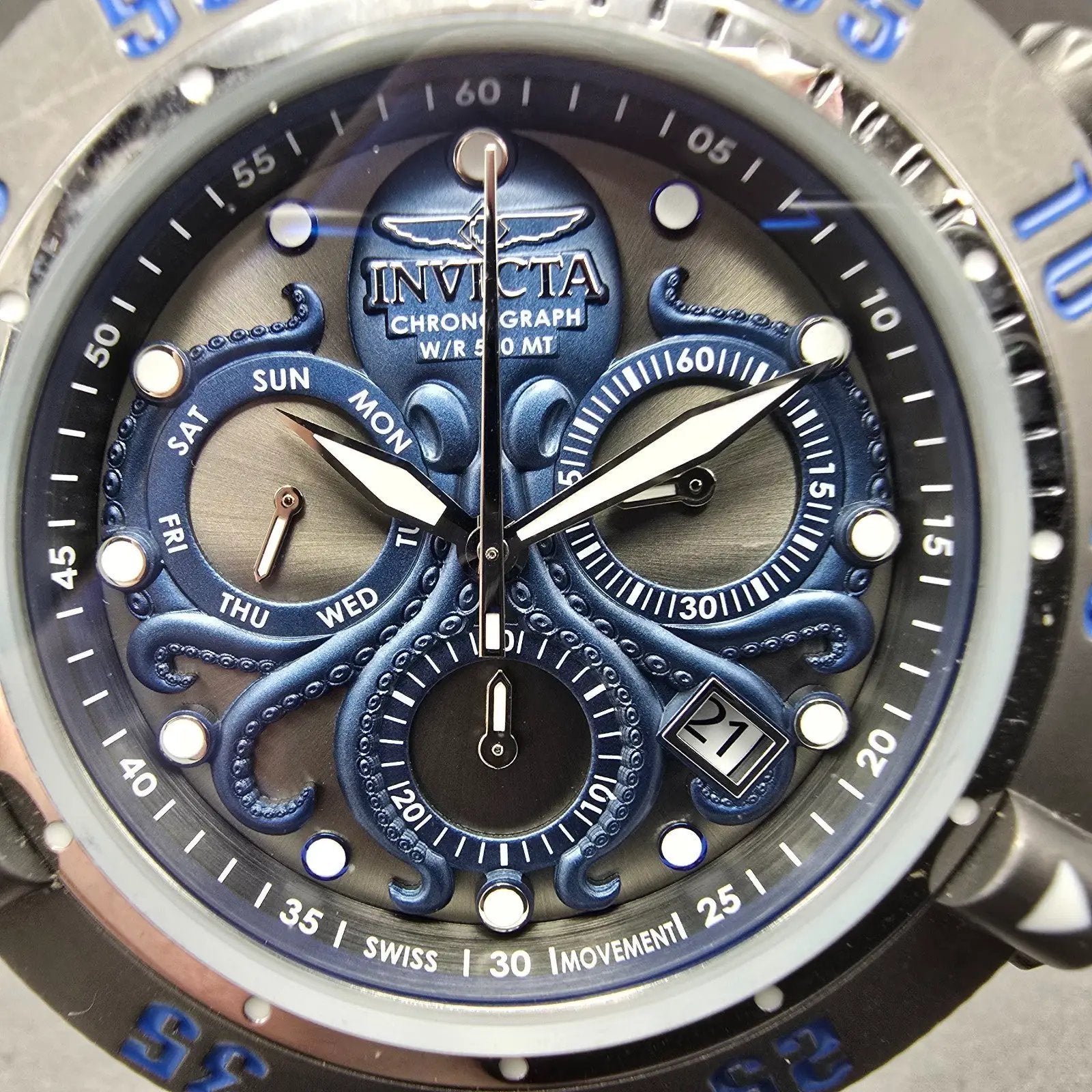 Invicta Sub Aqua Chronograph Watch Men 50mm Black Dial Silver Tone Blue New Batt1
