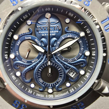 Invicta Sub Aqua Chronograph Watch Men 50mm Black Dial Silver Tone Blue New Batt1