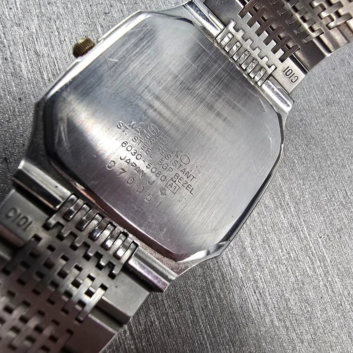 Seiko Watch Men 31mm Silver Dial Two Tone Rectangle 6030-5080 New Battery10