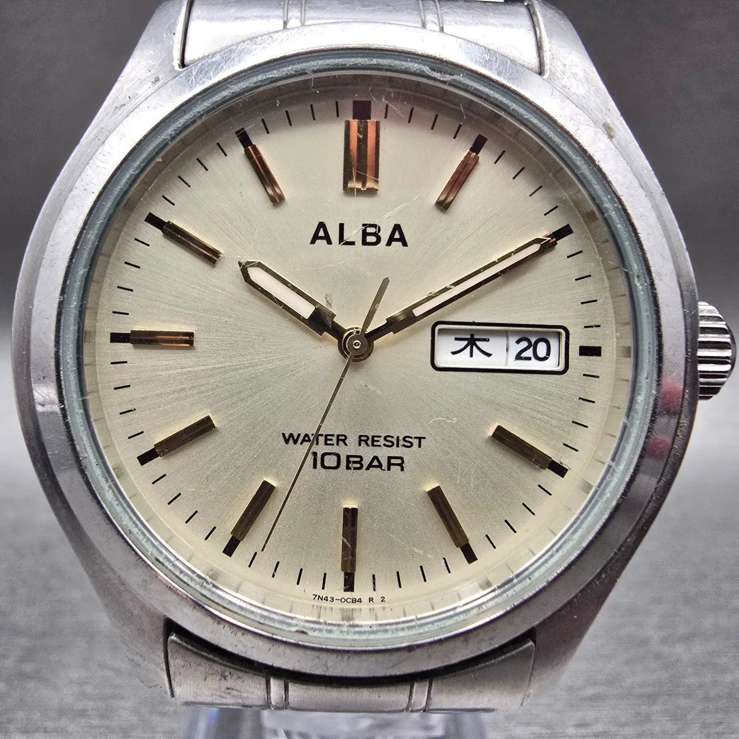 Seiko Alba Watch Men 38mm Champagne Dial Silver Tone Daydate 7N43-0BA0 New Batt1