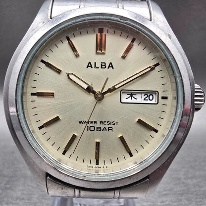 Seiko Alba Watch Men 38mm Champagne Dial Silver Tone Daydate 7N43-0BA0 New Batt1