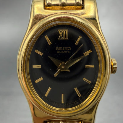 Seiko Watch Women 18mm Black Dial Gold Tone Oval V401-5109 New Battery Vintage1
