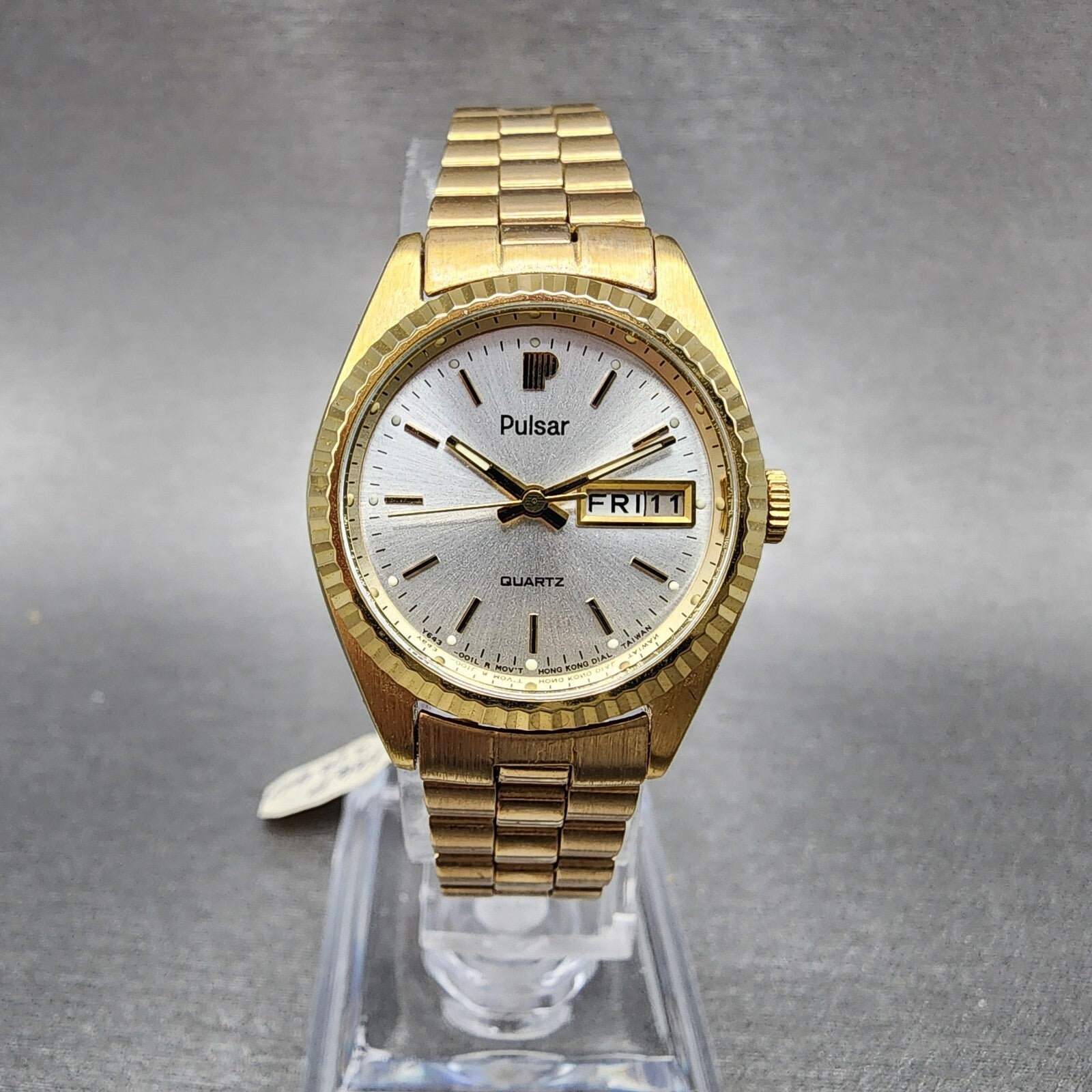 Pulsar President Watch Women 24mm Gold Dial Gold Tone Daydate Round New Batt NOS2