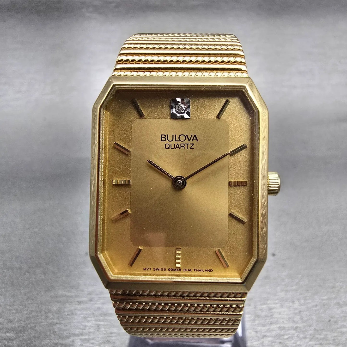 Bulova Watch Men 25mm Gold Dial Gold Tone Gem Stone Rectangle 92M45 New Battery0