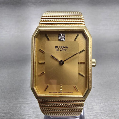 Bulova Watch Men 25mm Gold Dial Gold Tone Gem Stone Rectangle 92M45 New Battery0