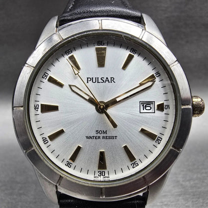 Seiko Pulsar Watch Men 40mm Silver Dial Silver Tone Date Round VX42-X324 New Bat1