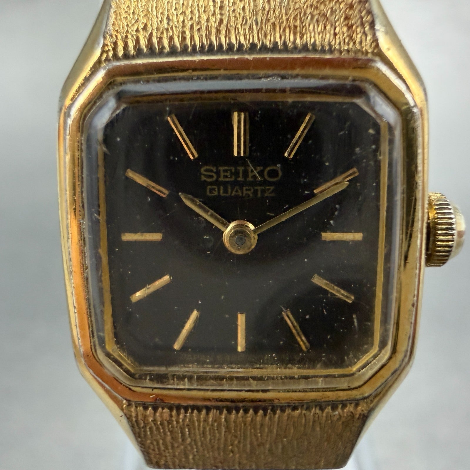 Seiko Tank Watch Women 17mm Brown Dial Gold Tone Rectangle 5420-5019 New Batt ZX1
