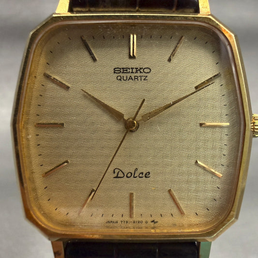 Seiko Dolce Watch Men 29mm Champagne Dial Gold Tone Rectangle 7731-5120 New Batt1