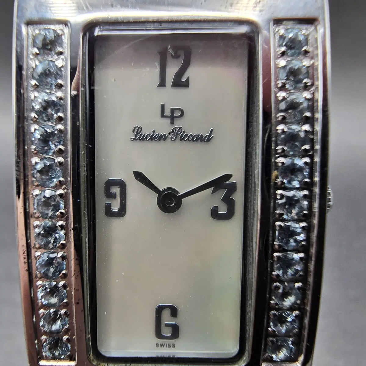 Lucien Piccard Tank Watch Women 22mm MOP Dial Silver Gem Set Rectangle New Batt1